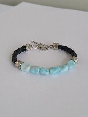 Marahlago Larimar Blue Gemstone Boho Black Braided Silver Bead Leather Bracelet